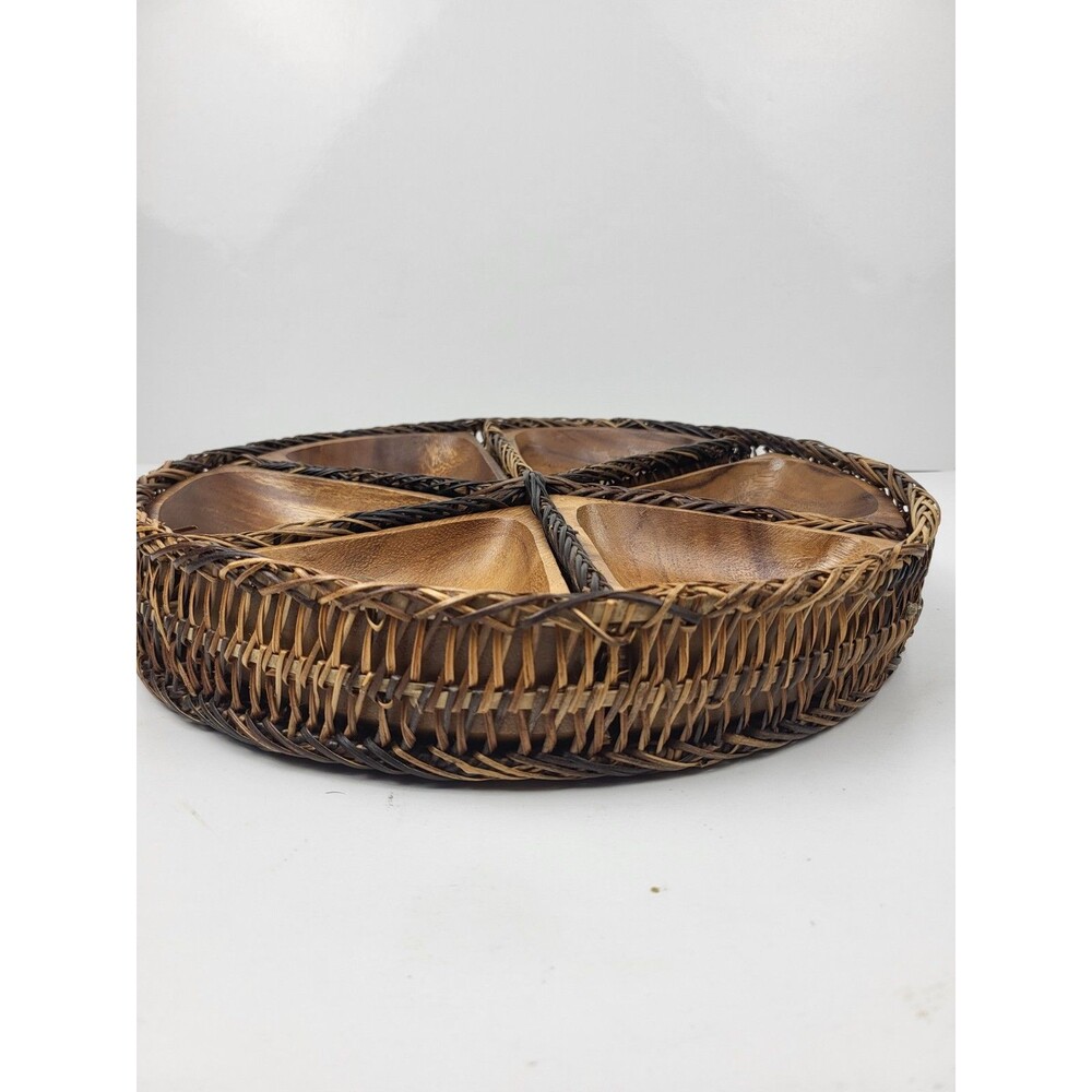 Vintage MCM Wood And Rattan Serving Platter Hand Crafted 12 Inch - Picture 3 of 7